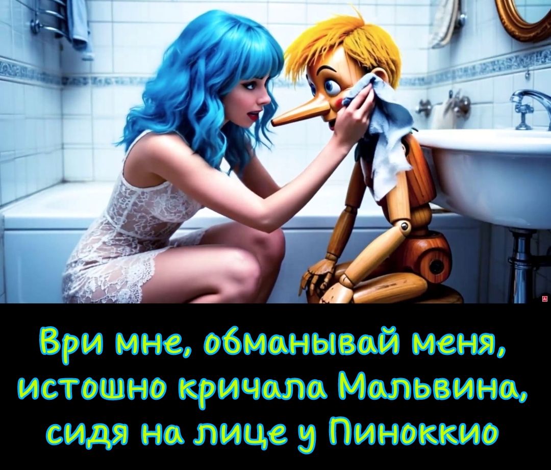 Ври мне, обманывай меня, истощно кричала Мальвина, сидя на лице у Пиноккио