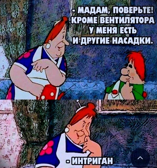 - МАДАМ, ПОВЕРЬТЕ! КРОМЕ ВЕНТИЛЯТОРА У МЕНЯ ЕСТЬ И ДРУГИЕ НАСАДКИ.
- ИНТРИГАН