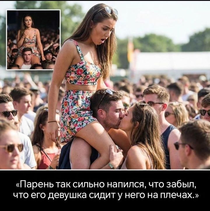 «Парень так сильно напился, что забыл, что его девушка сидит у него на плечах.»