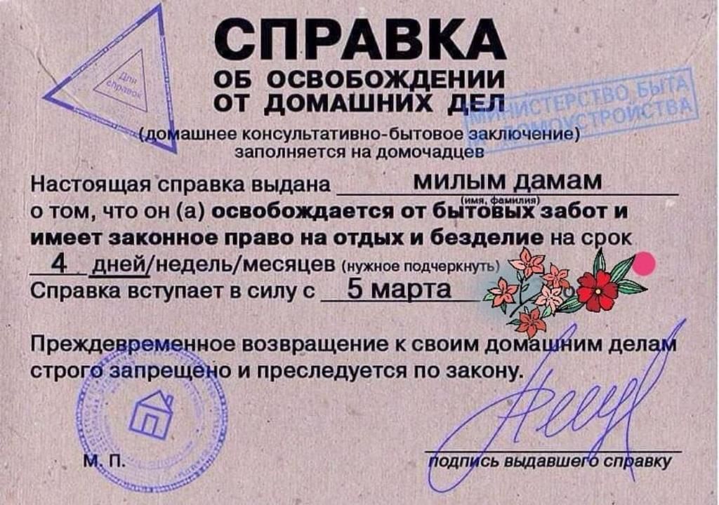 СПРАВКА ОБ ОСВОБОЖДЕНИИ ОТ ДОМАШНИХ ДЕЛ (домашнее консультативно-бытовое заключение) Настоящая справка выдана милым дамам о том, что он(а) освобождается от бытовых забот и имеет законное право на отдых и безделье на срок 4 дней/недели/месяцев (нужное подчеркнуть). Справка вступает в силу с 5 марта. Преждевременное возвращение к своим домашним делам строго запрещено и преследуется по закону.