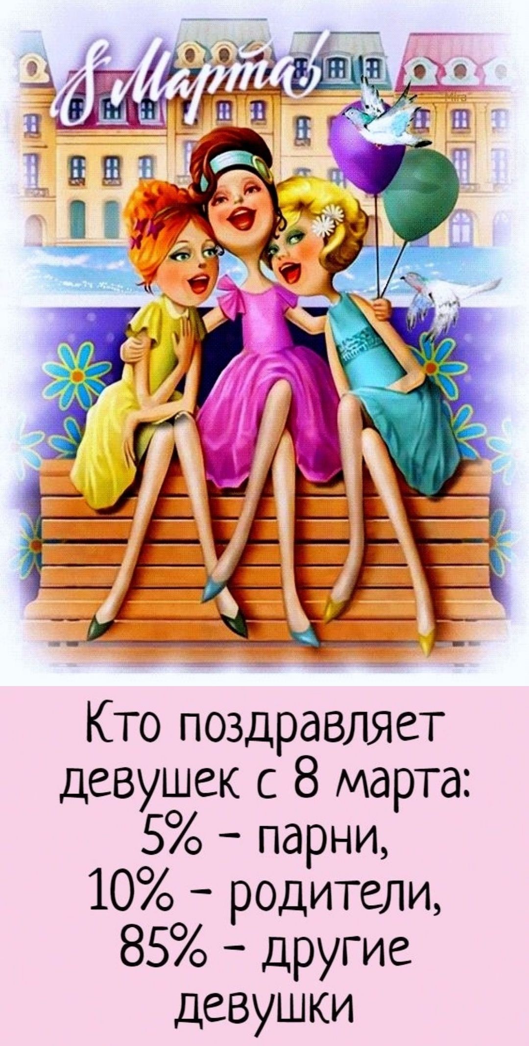 Кто поздравляет девушек с 8 марта: 5% - парни, 10% - родители, 85% - другие девушки