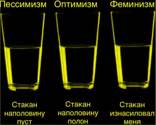 Пессимизм Оптимизм Феминизм. Стакан наполовину пуст. Стакан наполовину полон. Стакан изнасиловал меня