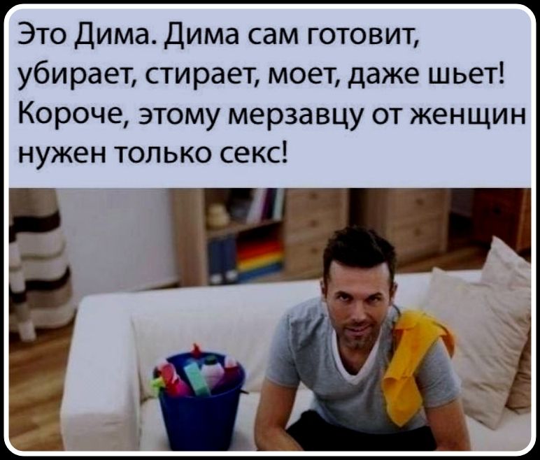 Это Дима. Дима сам готовит, убирает, стирает, моет, даже шьет! Короче, этому мерзавцу от женщин нужен только секс!