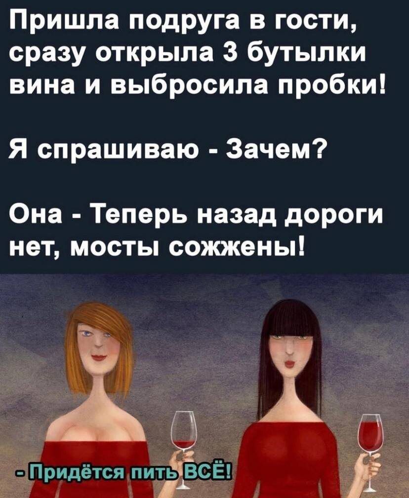Пришла подруга в гости, сразу открыла 3 бутылки вина и выбросила пробки!
Я спрашиваю - Зачем?
Она - Теперь назад дороги нет, мосты сожжены!
- Придётся пить ВСЁ!