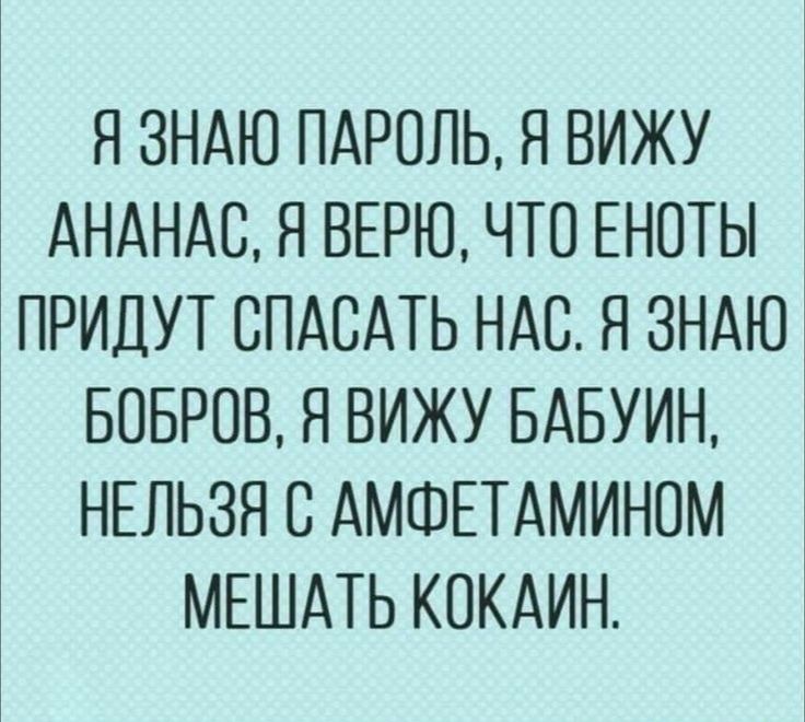 Я ЗНАЮ ПАРОЛЬ Я ВИЖУ АНАНАС Я ВЕРЮ ЧТО ЕНПТЫ ПРИДУТ СПАСАТЬ НАС Я ЗНАЮ БОБРОВ Я ВИЖУ БАБУИН НЕЛЬЗЯ С АМФЕТАМИНОМ МЕШАТЬ КОКАИН