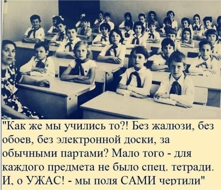 Как же мы учились то Без жалюзи без обоев без электронной доски за обычными партами Мало того для каждого предмета не было спец тетради И УЖАС мы поля САМИ чсвтили