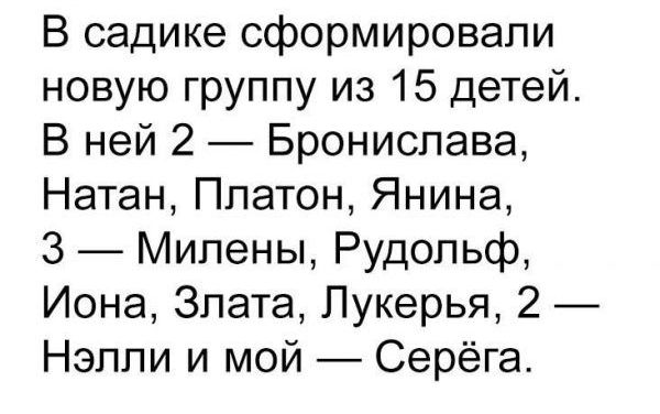 В садике сформировали новую группу из 15 детей В ней 2 Бронислава Натан Платон Янина 3 Милены Рудольф Иона Злата Лукерья 2 Нэпли и мой Серёга