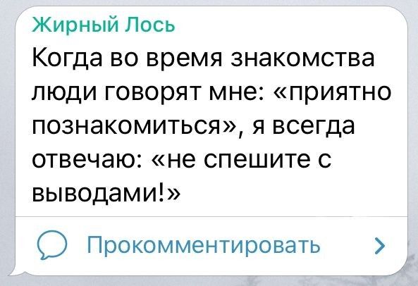 Жирный Лось КОГДЭ ВО время ЗНЭКОМСТВЭ ЛЮДИ Говорят мне приятно ПОЗНдКОМИТЬСЯ Я ВСЭГДЭ отвечаю не спешите С выводами О Прокомментировать