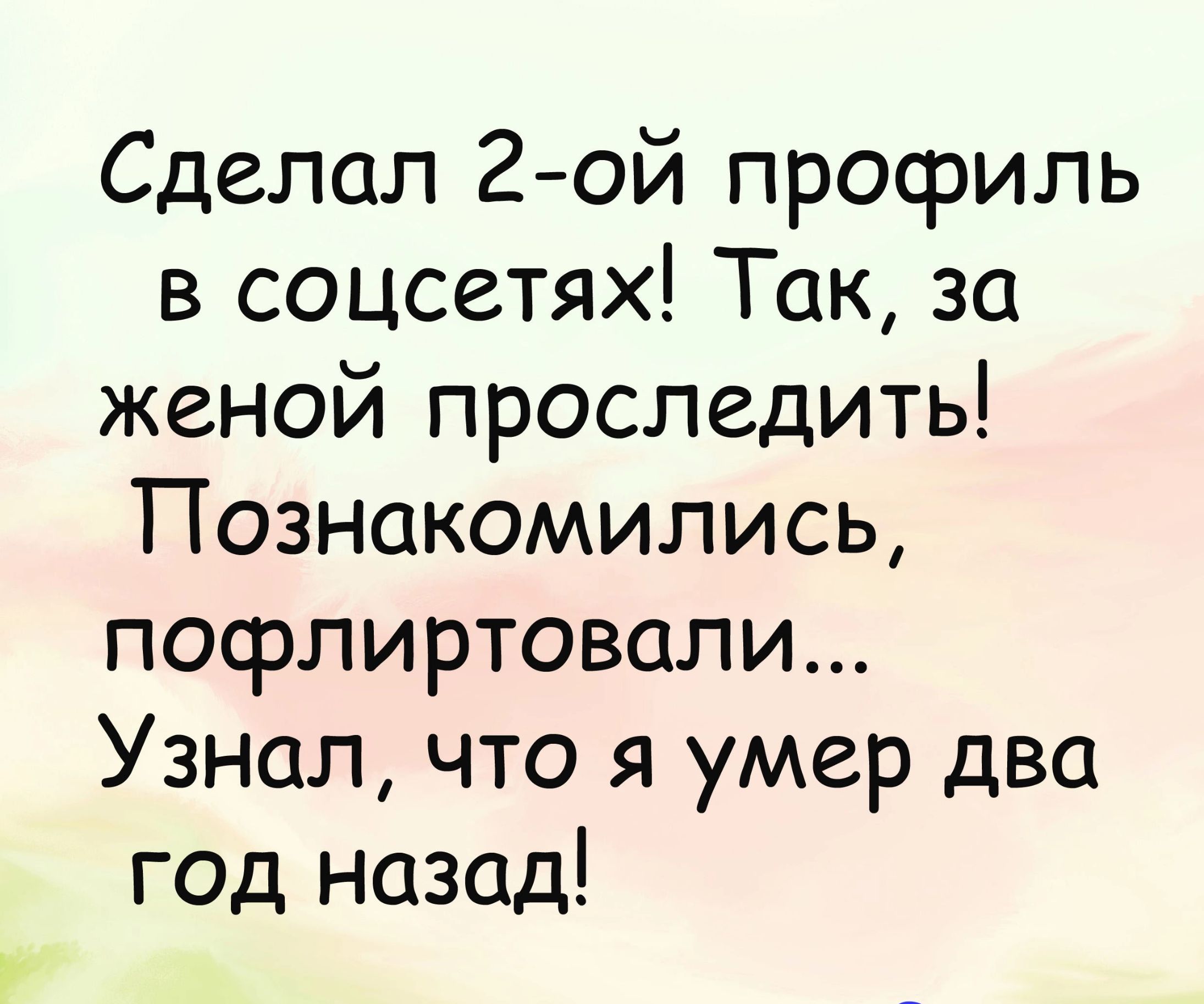 Сделал 2ой профиль в соцсетях Так за женой проследить Познакомились пофлиртовали Узнал что я умер два год назад