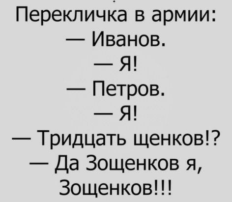 Перекличка в армии Иванов Я Петров Я Тридцать щенков Да Зощенков я Зощенков