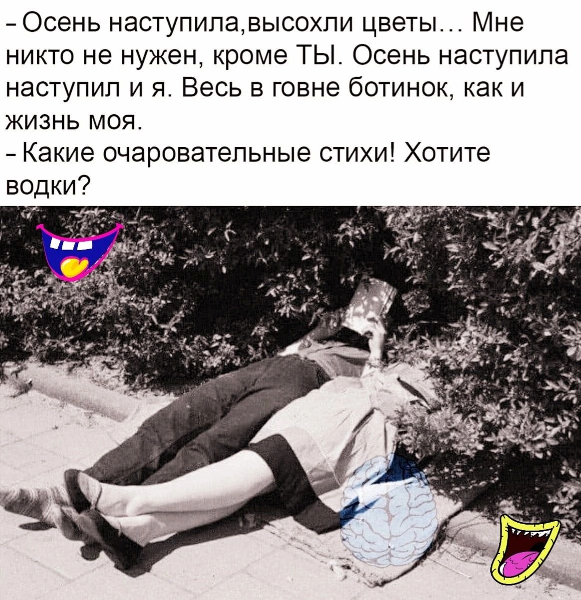 Осень наступипавысохпи цветы Мне никто не нужен кроме ТЫ Осень наступила наступил и 51 Весь в говне ботинок как и жизнь моя Какие очаровательные стихи Хотите водки7