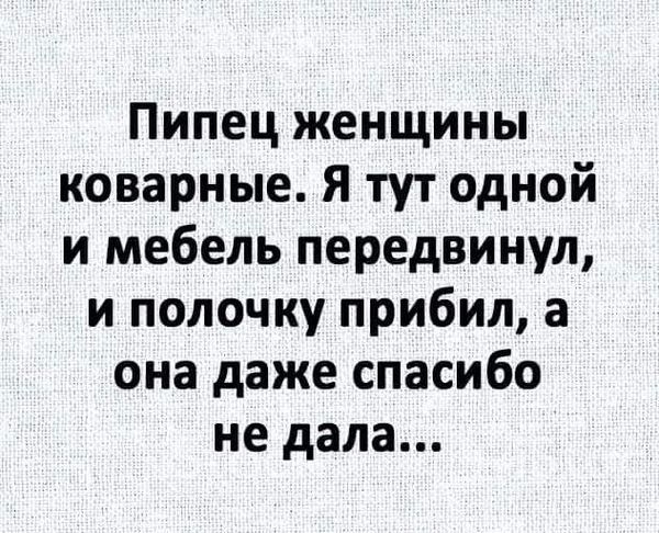 Пипец женщины коварные Я тут одной и мебель передвинул и полочку прибил а она даже спасибо не дала