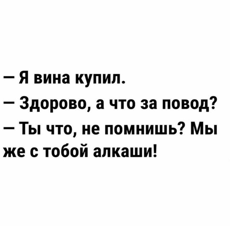 Я вина купил Здорово а что за повод Ты что не помнишь Мы же с тобой алкаши