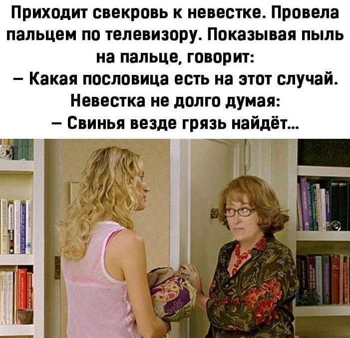 Приходит свекровь к невестка Провела пальцем по телевизору Показывая пыль на пальце говорит Какая пословица есть на этот случай Невестка не долгп думая Свинья везде грязь найдёт _ __