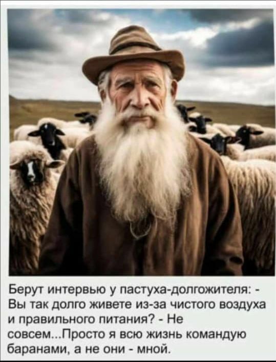 Берут интервью у пастуха долгожители Вы так долго живете из за чистого воздуха и правильного пишния Не совсемПросто я всю жизнь командю баранами а не они мной