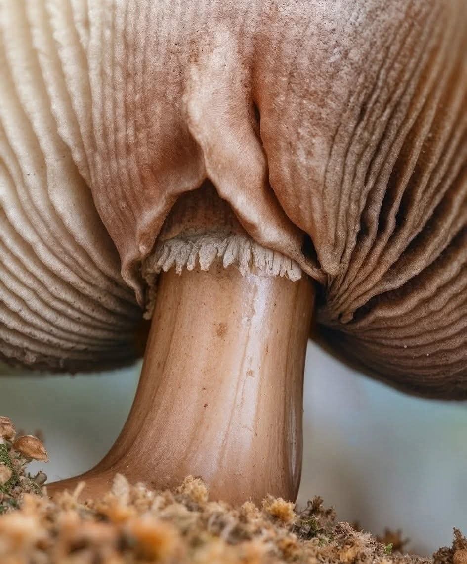 Макро-кадр основания гриба (плотная текстура стебля и нижний колпачок).