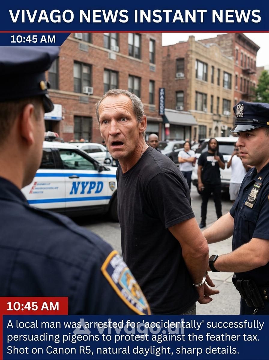 VIVAGO NEWS МГНОВЕННЫЕ НОВОСТИ 10:45 УТРА Местный житель был арестован за то, что 'случайно' успешно убедил голубей протестовать против налога на перья. Снято на Canon R5, естественное освещение, четкие детали. NYPD