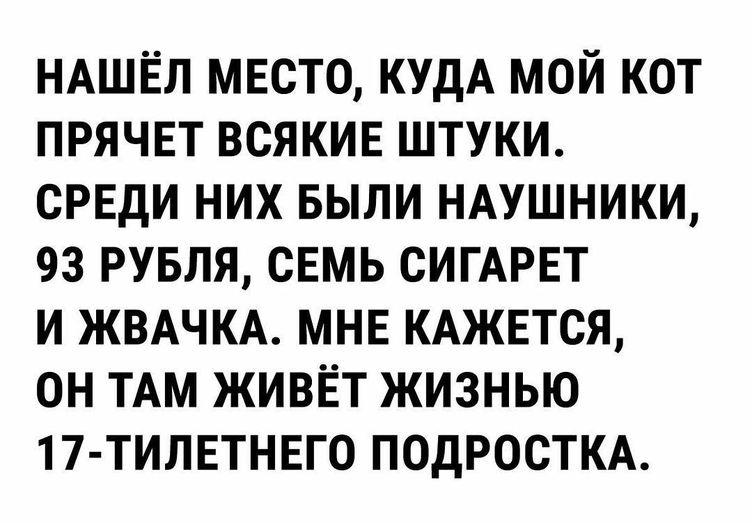 НАШЁЛ МЕСТО КУДА МОЙ КОТ ПРЯЧЕТ ВСЯКИЕ ШТУКИ СРЕДИ НИХ БЫЛИ НАУШНИКИ 93 РУБЛЯ СЕМЬ СИГАРЕТ И ЖВАЧКА МНЕ КАЖЕТСЯ ОН ТАМ ЖИВЁТ ЖИЗНЬЮ 17 ТИЛЕТНЕГО ПОДРОСТКА