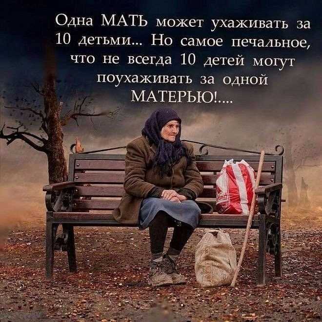 Одна МАТЬ может ухаживать за 10 детьми Но самое печальное что не всегда 10 детей могут поухаживать за Одной МАТЕРЬЮ