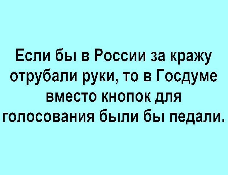 Если бы в России за кражу отрубапи руки то в Госдуме вместо кнопок для голосования были бы педали