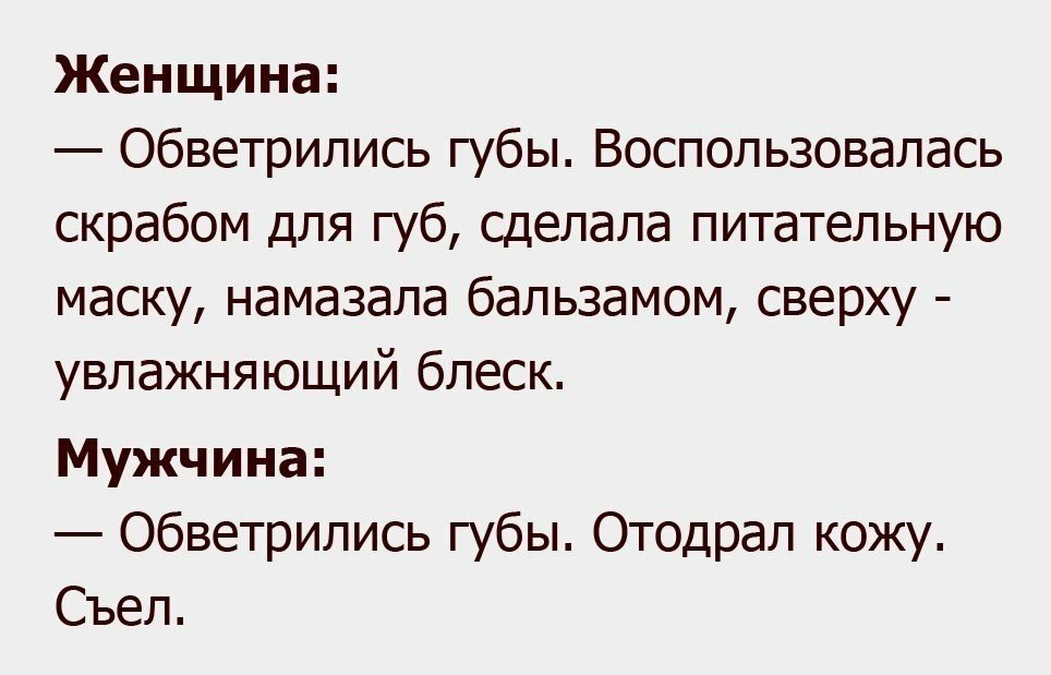 Женщина Обветрились губы Воспользовалась скрабом для губ Сделала питательную маску намазала бальзамом сверху увлажняющий блеск Мужчина Обветрились губы Отодрал кожу Съел