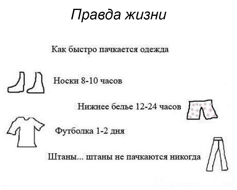 Правда жизни Как быстро пачкается одежда а Носки 8 10 часов Нижнее белье 12 24 часов Ш Футбошса 1 2 дня Штаны штаны не ПЗЧЁКДЮТСЯ НИКОГДЗ