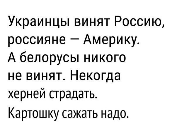 Украинцы винят Россию россияне Америку А белорусы никого не винят Некогда херней страдать Картошку сажать надо