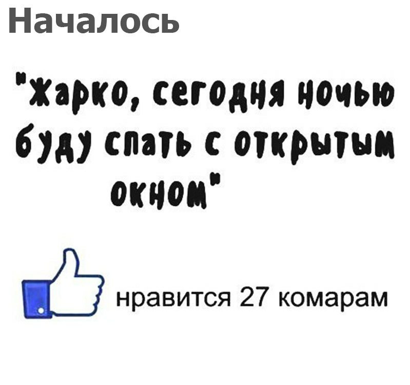 Началось Жарко сегодня ночью буду спать с открытым окном 5 нравится 27 комарам