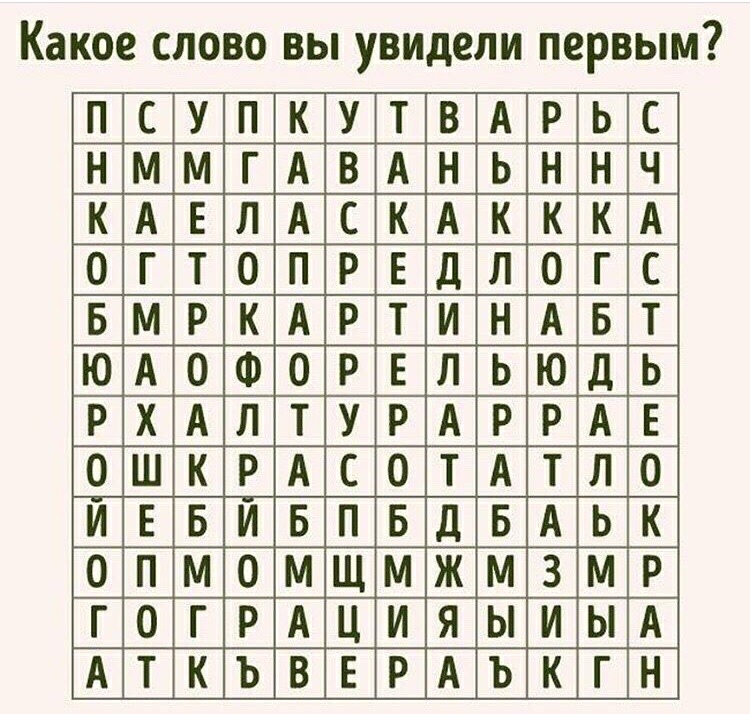 Какое слово вы увидели первым ПСУПКУТВАРЬС НММГАВАНЬННЧ КАЕЛАСКАКККА ОГТОПРЕДЛОГС РХАЛТУРАРРАЕ ОШКРАСОТАТЛО ИЕБИБПБДБАЬК ОПМОМЩМЖМЗМР ГОГРАЦИЯЫИЫА АТКЪВЕРАЪКГН