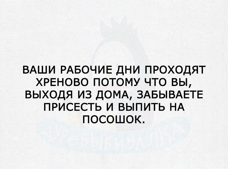 ВАШИ РАБОЧИЕ ДНИ ПРОХОДЯТ ХРЕНОВО ПОТОМУ ЧТО ВЫ ВЫХОДЯ ИЗ ДОМА ЗАБЫВАЕТЕ ПРИСЕСТЬ И ВЫПИТЬ НА ПОСОШОК