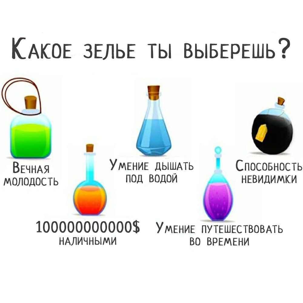 КАКОЕ ЗЕЛЬЕ ты ВЫБЕРЕШЬ о ВЕЧНАЯ УМЕНИЕ дыщАТЬ Спосовность МОЛОДОСТЬ ПОД ВОДОИ б НЕВИДИМКИ 100000000000 УМЕНИЕ путешествовмь НАЛИЧНЫМИ во ВРЕМЕНИ