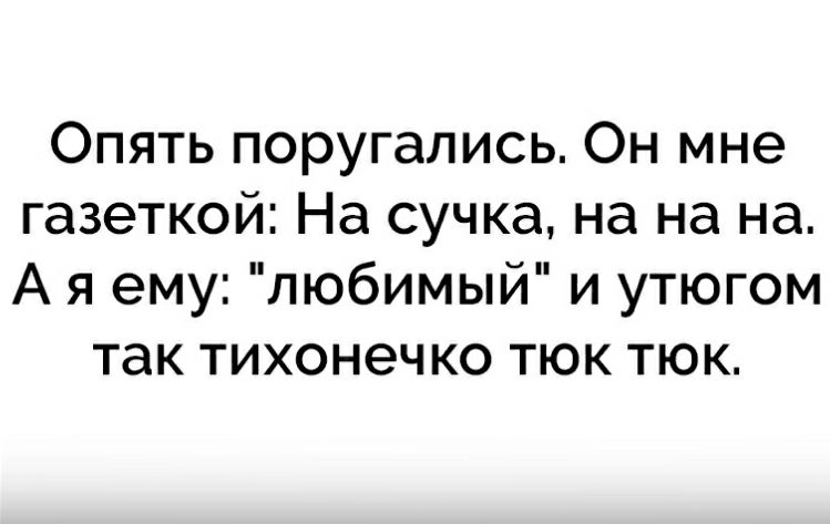 Опять поругались Он мне газеткой На сучка на на на А я ему любимым и утюгом так тихонечко тюк тюк
