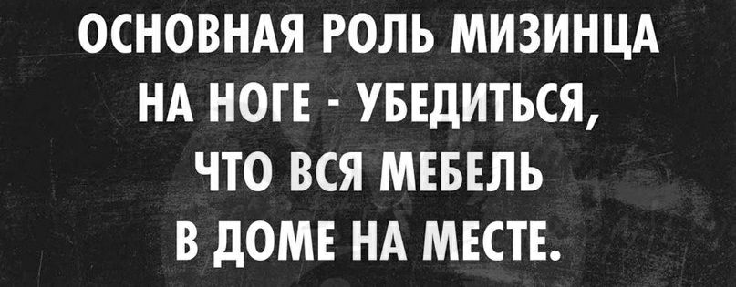 ОСНОВНАЯ РОЛЬ МИЗИНЦА НА НОГЕ УБЕДИТЬСЯ ЧТО ВСЯ МЕБЕЛЬ В дОМЕ НА МЕСТЕ