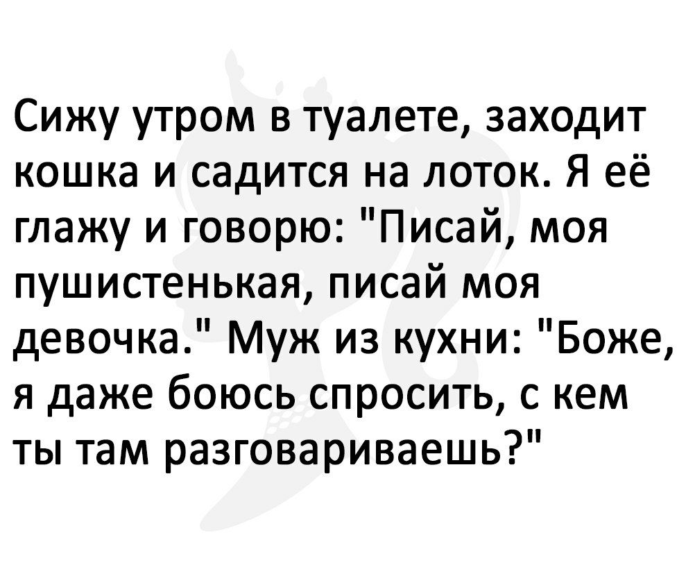 Сижу утром в туалете заходит кошка и садится на лоток Я её глажу и говорю Писай моя пушистенькая писай моя девочка Муж из кухни Боже я даже боюсь спросить с кем ты там разговариваешь