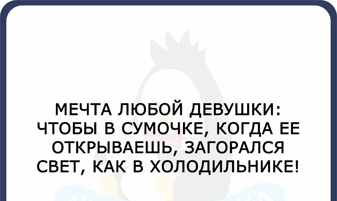 МЕЧТА ЛЮБОЙ ДЕВУШКИ ЧТОБЫ В СУМОЧКЕ КОГДА ЕЕ ОТКРЫВАЕШЬ ЗАГОРАЛСЯ СВЕТ КАК В ХОЛОДИЛЬНИКЕ
