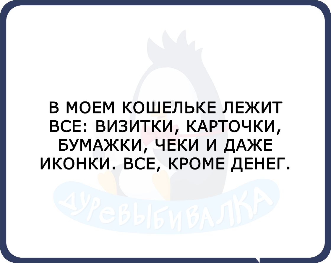В МОЕМ КОШЕЛЬКЕ ЛЕЖИТ ВСЕ ВИЗИТКИ КАРТОЧКИ БУМАЖКИ ЧЕКИ И ДАЖЕ ИКОНКИ ВСЕ КРОМЕ ДЕНЕГ