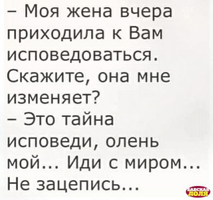 Моя жена вчера приходила к Вам исповедоваться Скажите она мне изменяет Это тайна исповеди олень мой Иди с миром Не зацепись