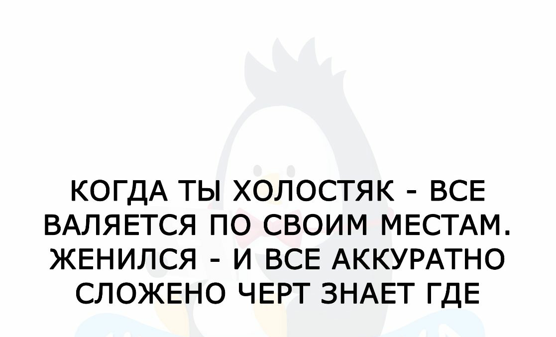 КОГДА ТЫ ХОЛОСТЯК ВСЕ ВАЛЯЕТСЯ ПО СВОИМ МЕСТАМ ЖЕНИЛСЯ И ВСЕ АККУРАТНО СЛОЖЕНО ЧЕРТ ЗНАЕТ ГДЕ