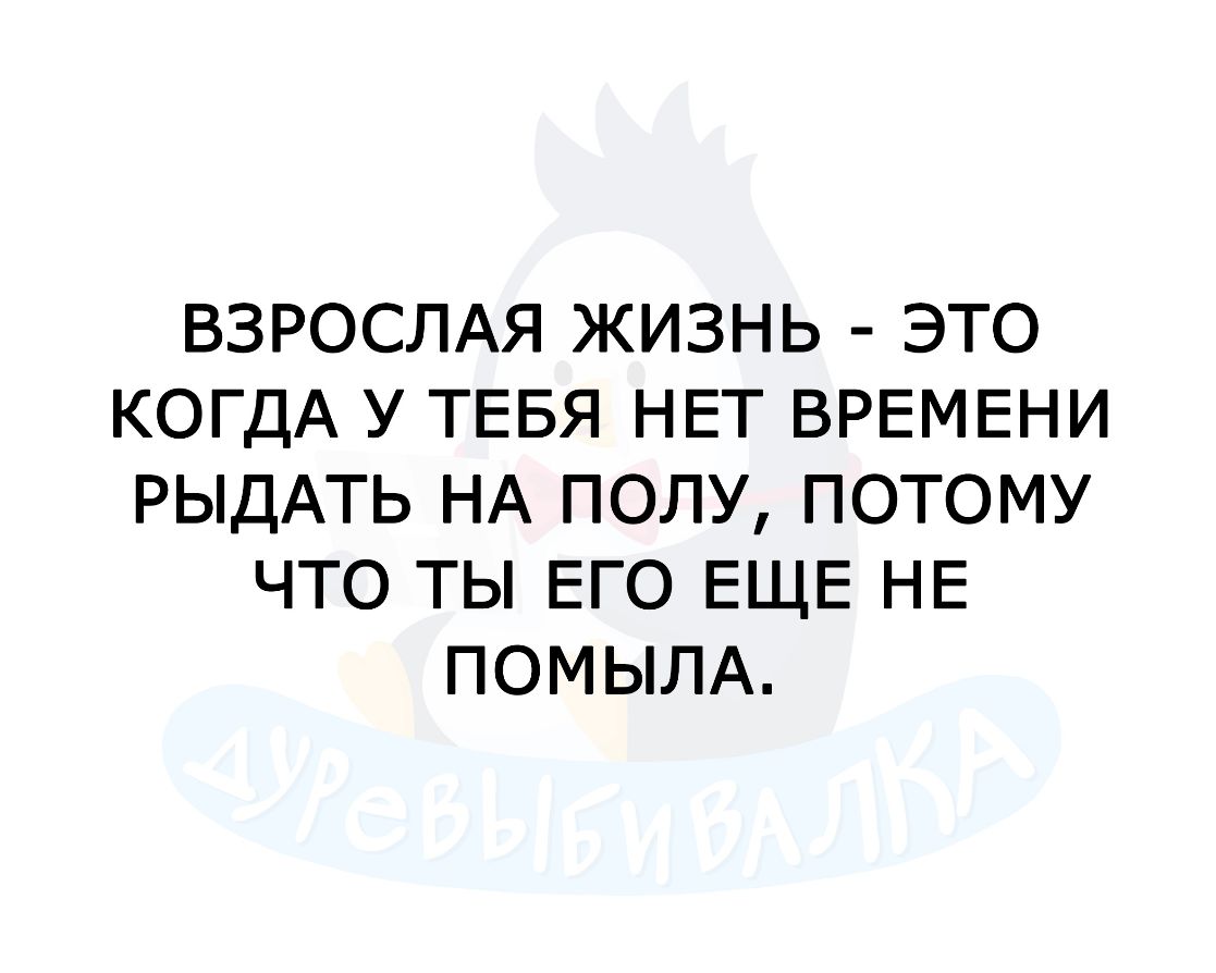 ВЗРОСЛАЯ ЖИЗНЬ ЭТО КОГДА У ТЕБЯ НЕТ ВРЕМЕНИ РЫДАТЬ НА ПОЛУ ПОТОМУ ЧТО ТЫ ЕГО ЕЩЕ НЕ ПОМЫЛА