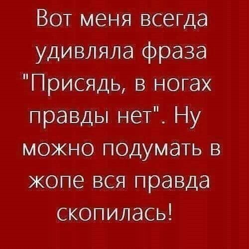 Вот меня всегда удивляла фраза Присядь в ногах правды нет Ну можно подумать в жопе вся правда скопилась
