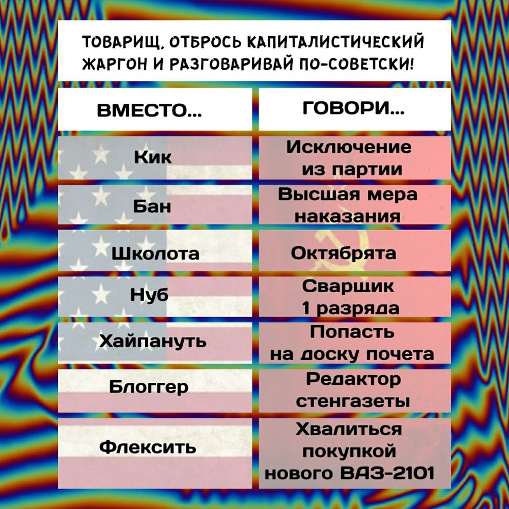 уууущм _ ууу товдрищ отврось кдпитдлистичвскии ждргон и РАЗГОВАРИВАЙ по соввтски _ _А вместо говори Кик Исключение из партии Высшая мера Баг _ наказанид _ Шкопота Октябрята Ну Сварщик 8 Попасть 2 ____ піа доску почета Блоггер Редактор стенгазеты П Хвапиться Фпексить покупкой нового вяз 2101 2 __ __ А