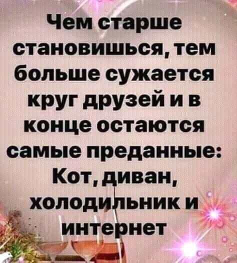 Чем старше становишься тем больше сужается круг друзей и в конце остаются ОЗМЬЕ преданные Кот иван ХОЛОДИ ЬНИК И ите1ет и Д