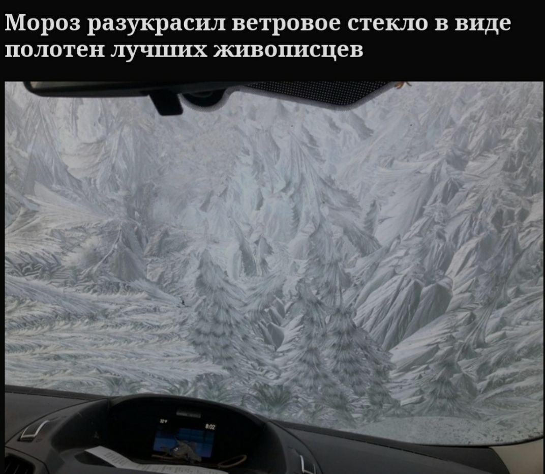 Мороз разукрасил ветровое стекло в виде полотен лучших живописцев