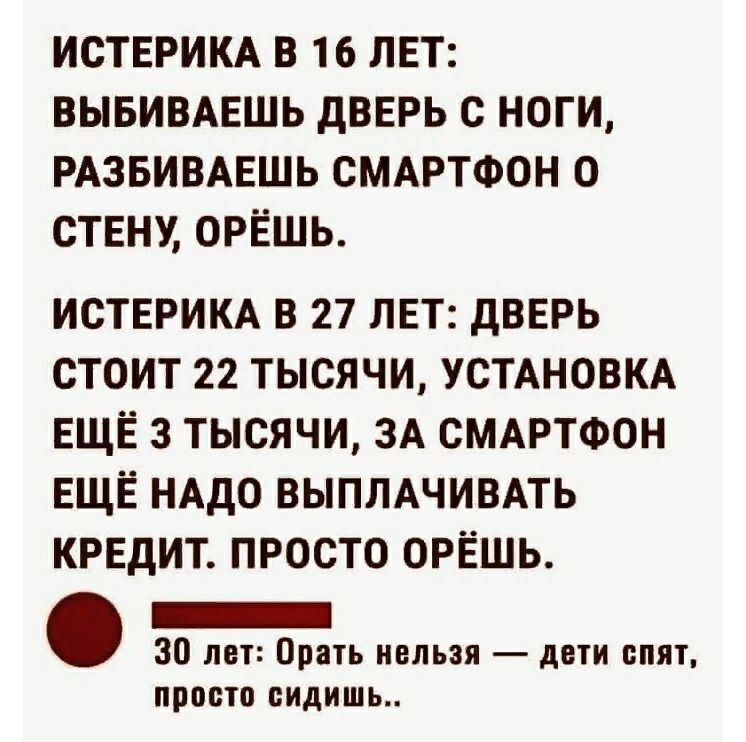 ИСТЕРИКА В 16 ЛЕТ ВЫБИВАЕШЬ дВЕРЬ С НОГИ РАЗБИВАЕШЬ СМАРТФОН 0 СТЕНУ ОРЁШЬ ИСТЕРИКА в 27 ЛЕТ дВЕРЬ стоит 22 тысячи УСТАНОВКА ЕЩЁ 3 тысячи 3А СМАРТФОН ЕЩЁ НАДО выпмчивмь кредит просто ОРЁШЬ _ 30 лет Орать нельзя дети спят просто сидишь