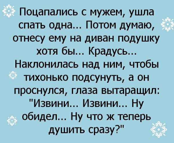 Поцапапись с мужем ушла спать одна Потом думаю отнесу ему на диван подушку хотя бы Крадусь Наклонипась над ним чтобы тихонько подсунуть а он проснулся глаза вытаращип Извини Извини Ну обидел Ну что ж теперь душить сразу