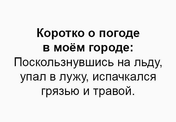 Коротко о погоде в моём городе Поскользнувшись на льду упал в лужу испачкался грязью и травой