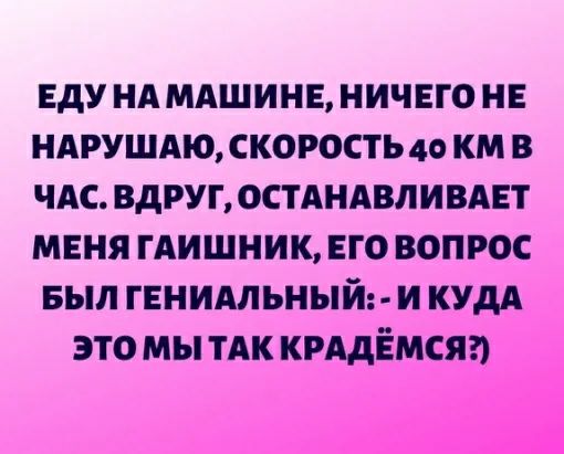 ЕдУ НА МАШИНЕ НИЧЕГО НЕ НАРУШАЮ СКОРОСТЬ 40 КМ В ЧАС ВдРУГ ОСТАНАВЛИВАЕТ МЕНЯ ГАИШНИК ЕГО ВОПРОС БЫЛ ГЕНИАПЪНЫЙ И КУДА ЭТО МЫ ТАК КРАДЕМСЯ