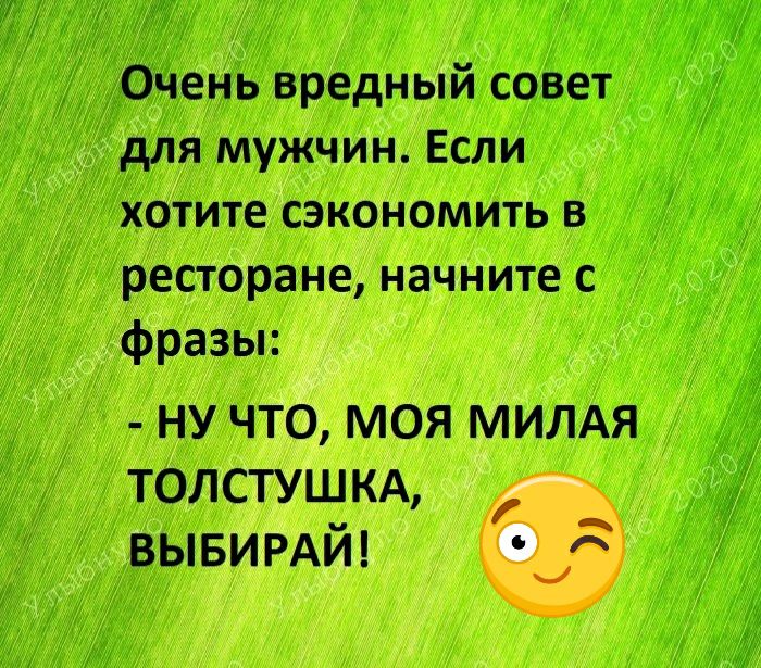 Очень вредный совет для мужчин Если хотите сэкономить в ресторане начните с фразы НУ ЧТО МОЯ МИЛАЯ толстушкд выви РАЙ