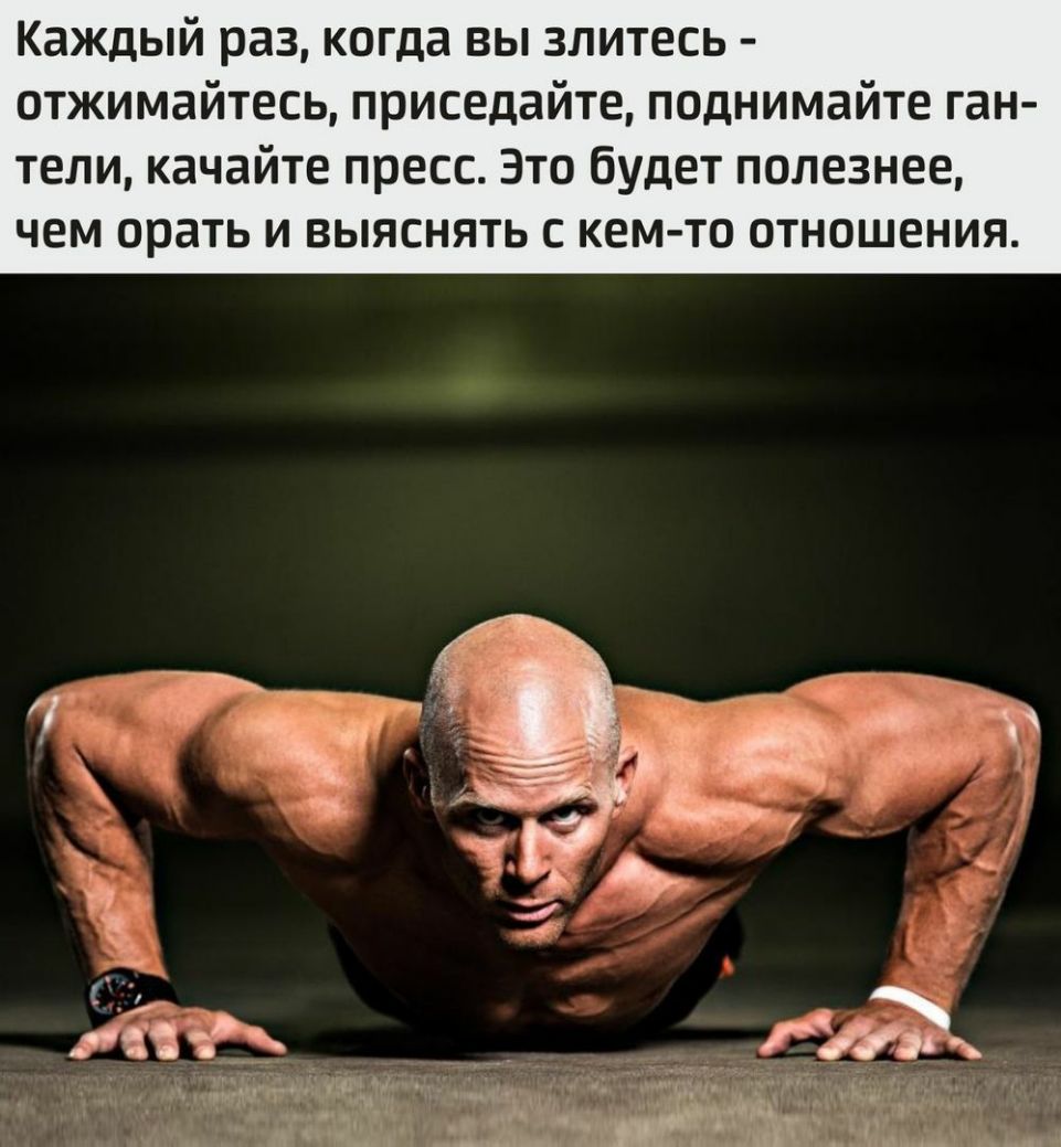 Каждый раз когда вы злитесь отжимайтесь приседайте поднимайте ган тели качайте пресс Это будет полезнее ЧЕМ орать И ВЫЯСНЯТЬ С КЕМ ТО ОТНОШЕНИЯ