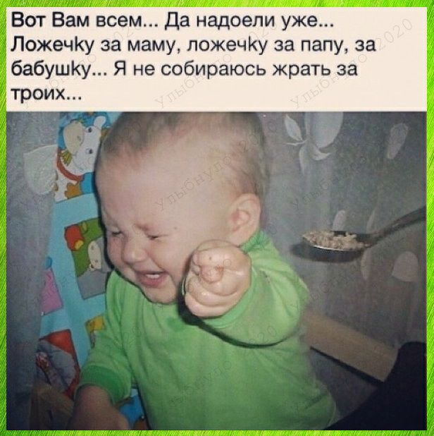Вот Вам всем Да надоели уже ЛожечКу за маму ложечКу за папу за бабушКу Я не собираюсь жрать за